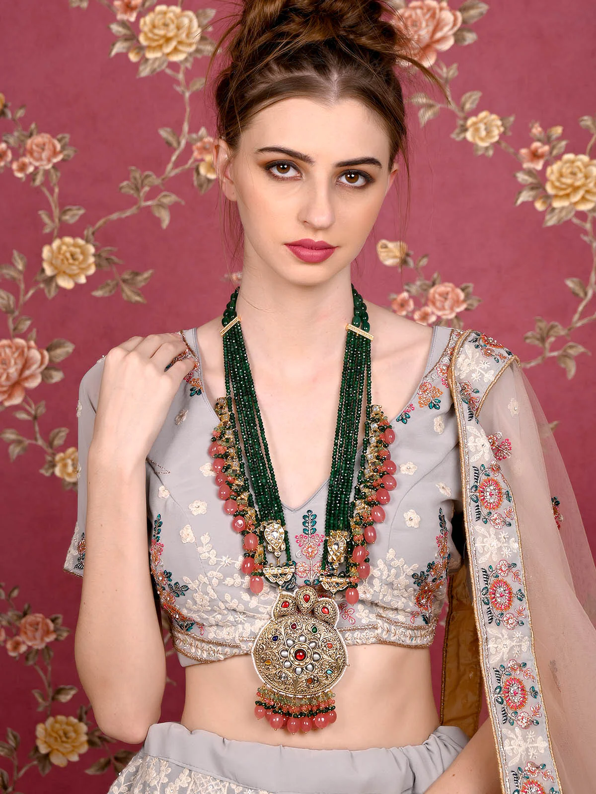 Odette Women Antique Style Bridal Green Long Necklace Set - Image 2