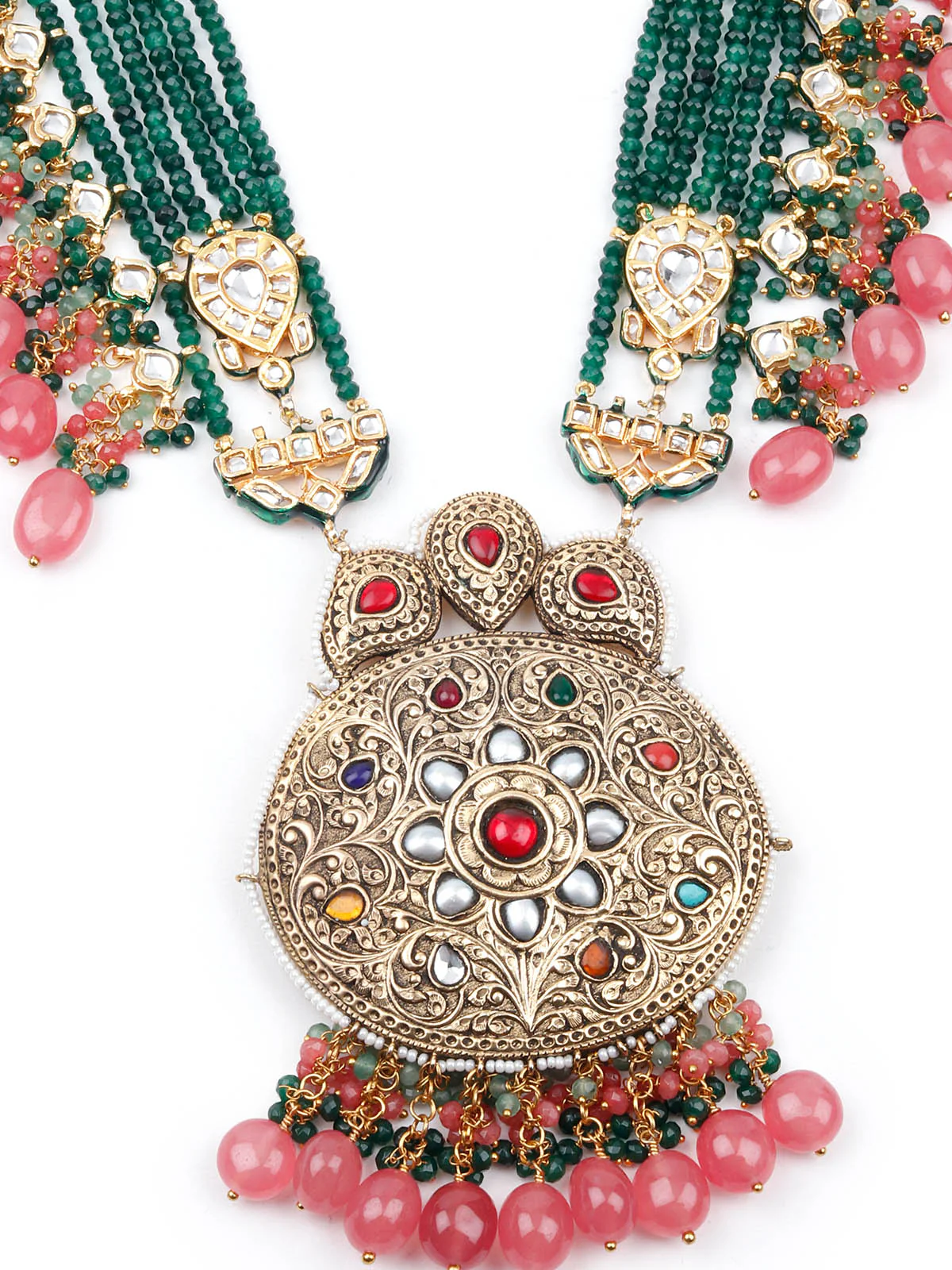 Odette Women Antique Style Bridal Green Long Necklace Set - Image 4