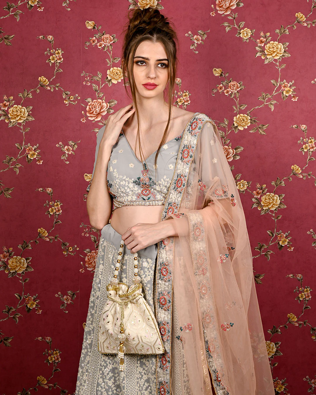 Odette Women Apricot Embroidered Potli Bag - Image 2