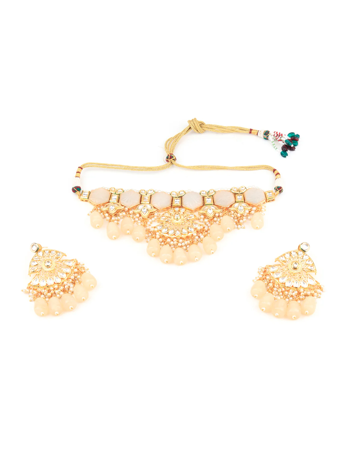 Odette Women Apricot Jadau Choker Set With Big Dangler Earrings - Image 3