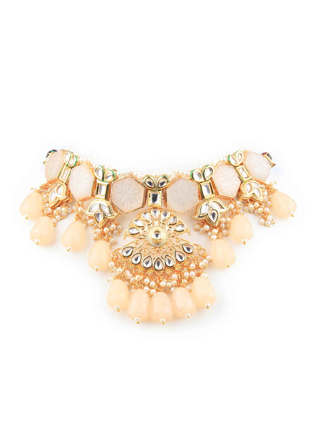 Odette Women Apricot Jadau Choker Set With Big Dangler Earrings - Image 4