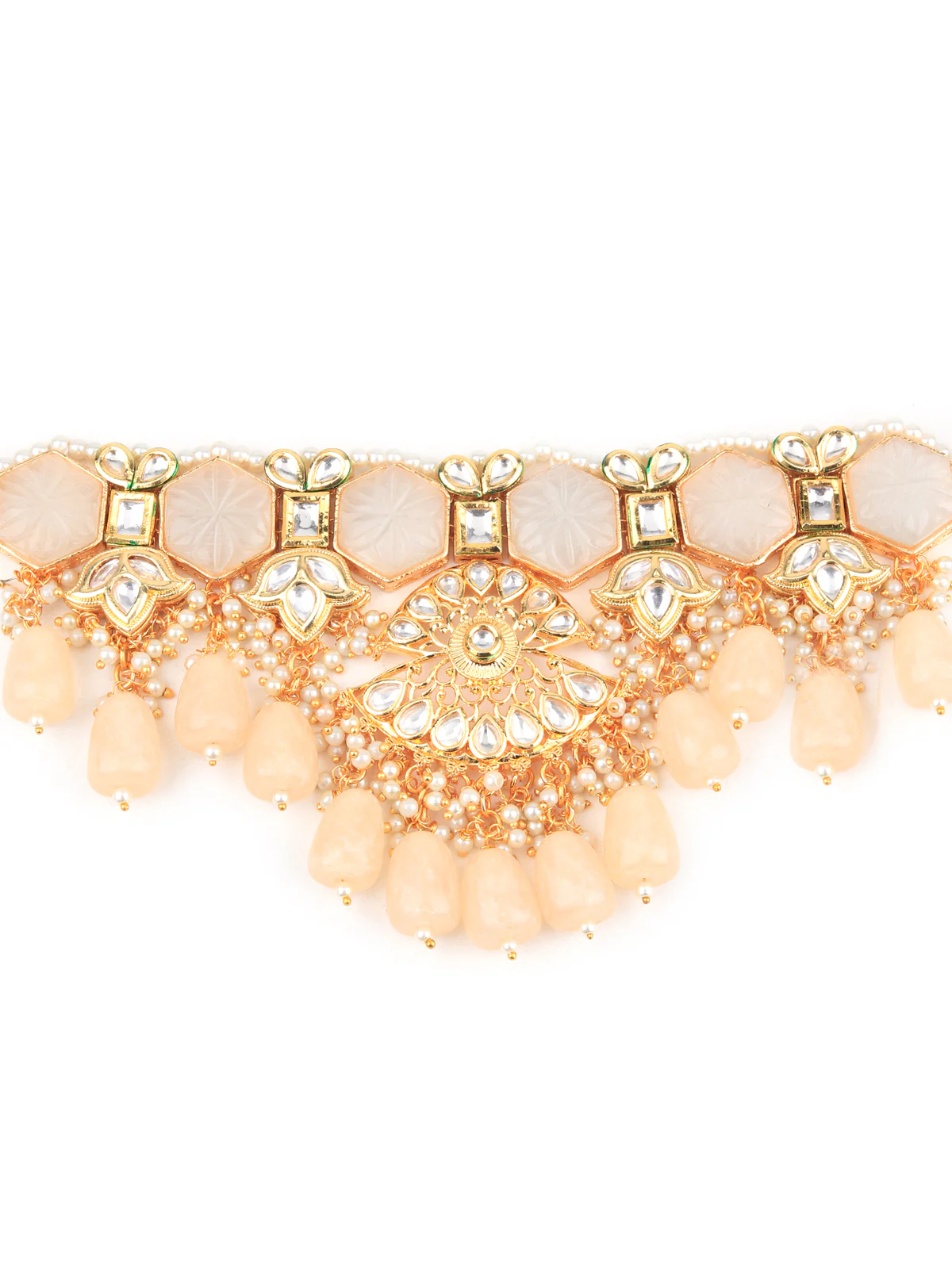Odette Women Apricot Jadau Choker Set With Big Dangler Earrings - Image 5