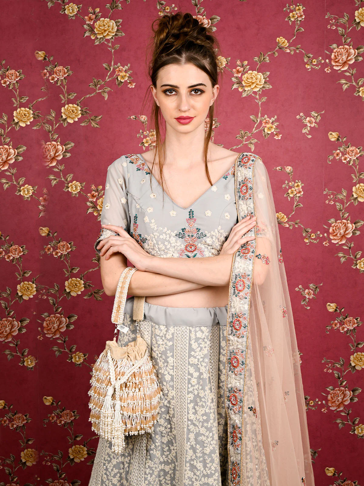 Odette Women Apricot Pearl Embellished Potli Bag - Image 2