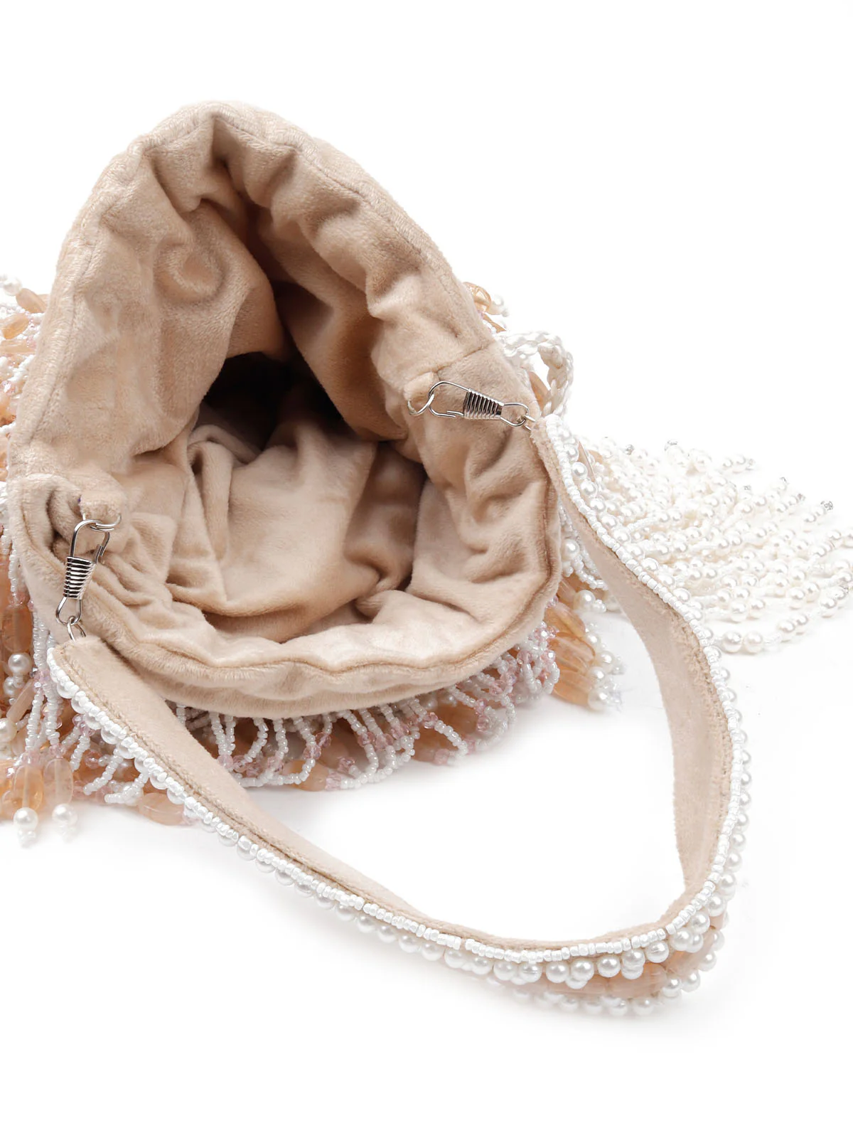 Odette Women Apricot Pearl Embellished Potli Bag - Image 6