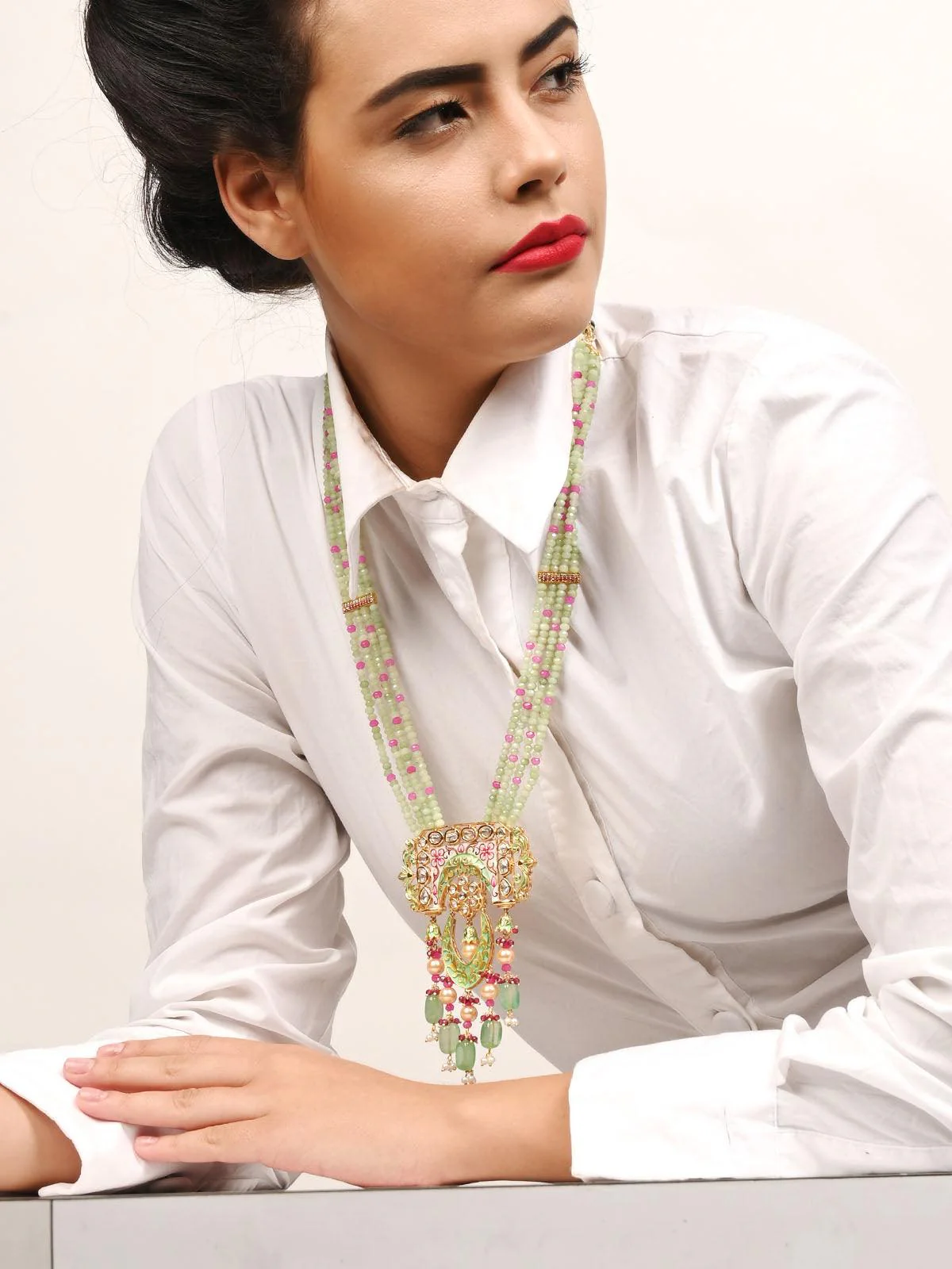 Odette Women Light Kelly Green And Ruby Pink Necklace Set - Image 2