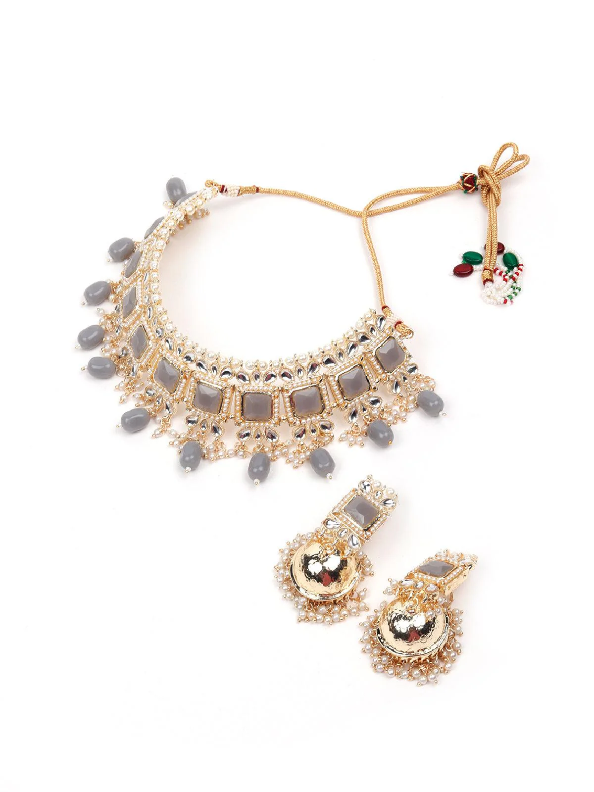 Odette Women Ash Grey Crystal Embellished Choker Necklace Set - Image 4