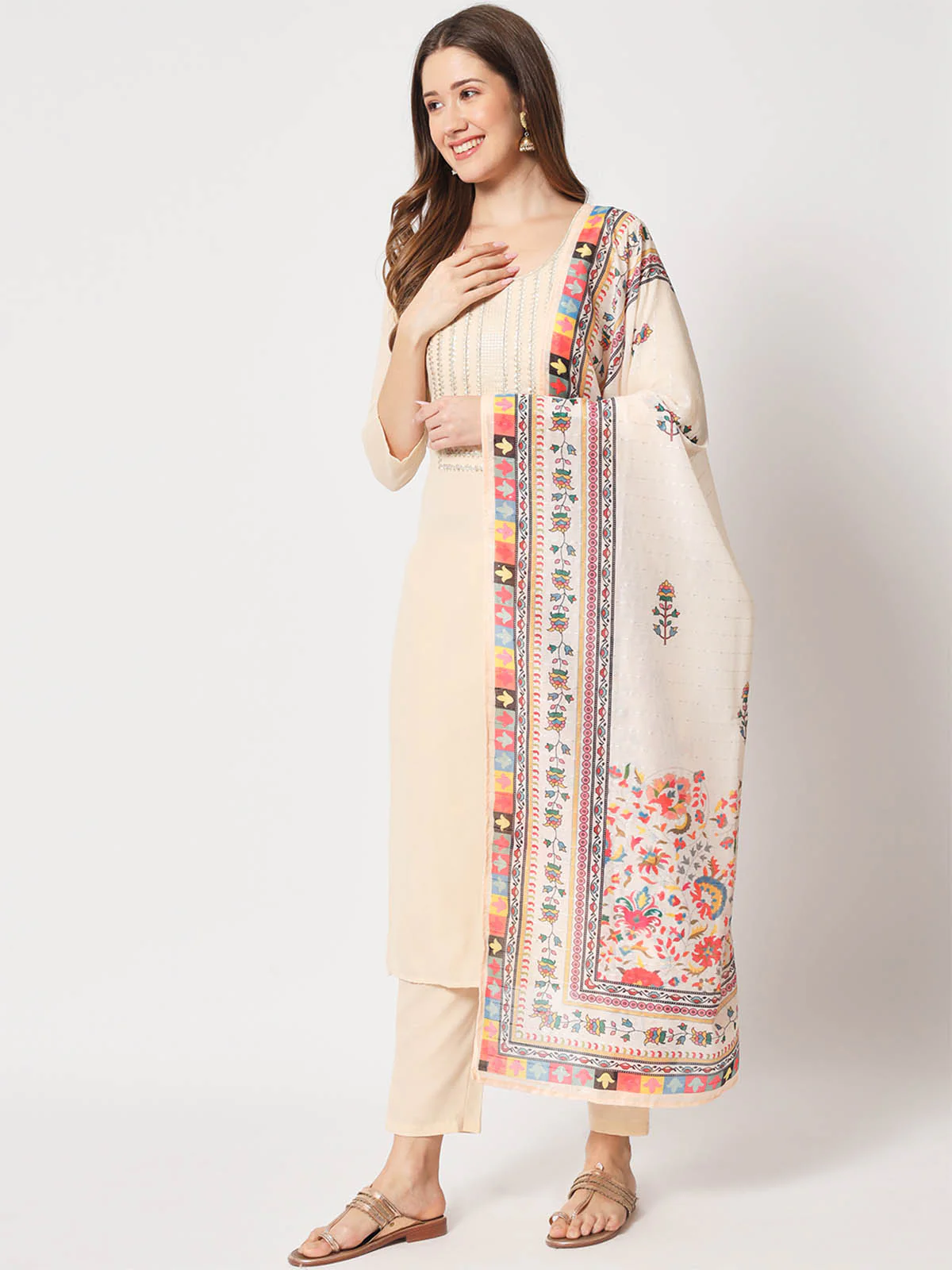 Odette Women Attractive Beige Cotton Embroidered Stitched Kurta Set - Image 3