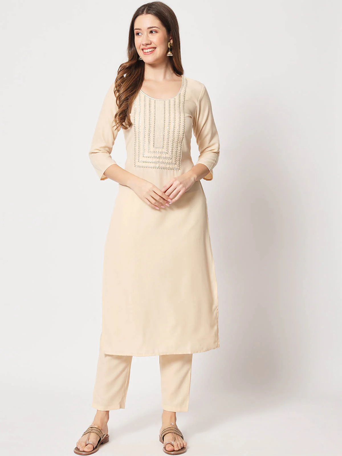 Odette Women Attractive Beige Cotton Embroidered Stitched Kurta Set - Image 6