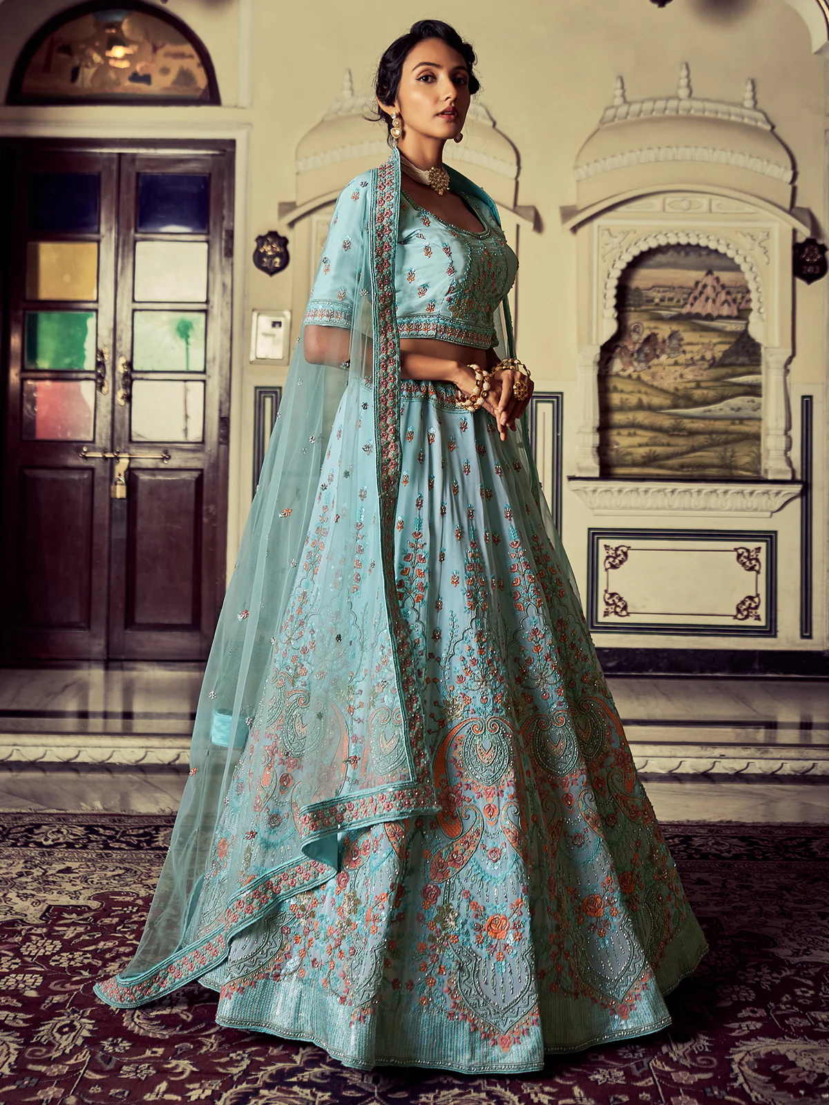 Odette Women Attractive Blue Georgette Embroidered Semi Stitched Lehenga With Unstitched Blouse - Image 3