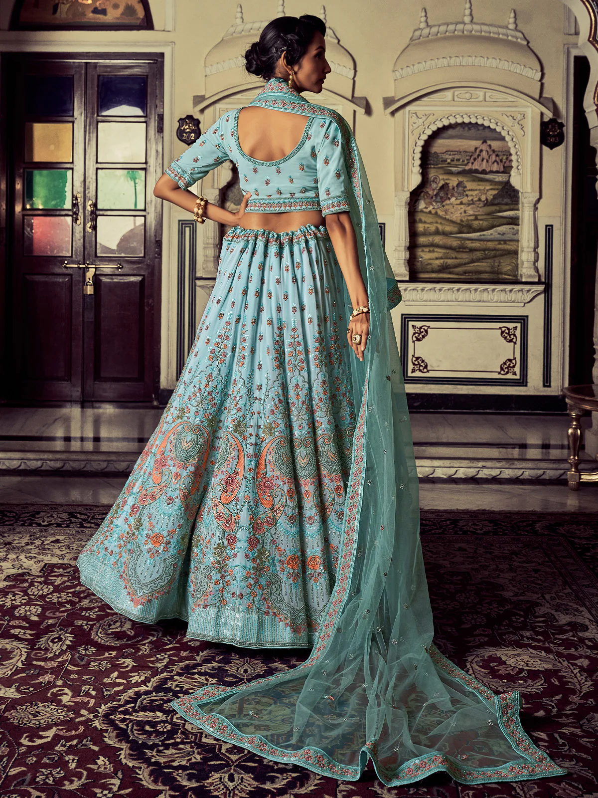 Odette Women Attractive Blue Georgette Embroidered Semi Stitched Lehenga With Unstitched Blouse - Image 4