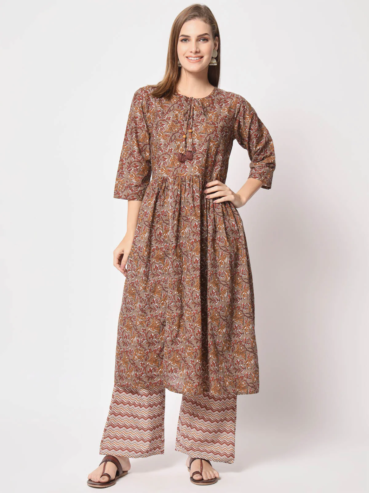 Odette Women Attractive Brown Cotton Printed Stitched Kurta Set - Image 2
