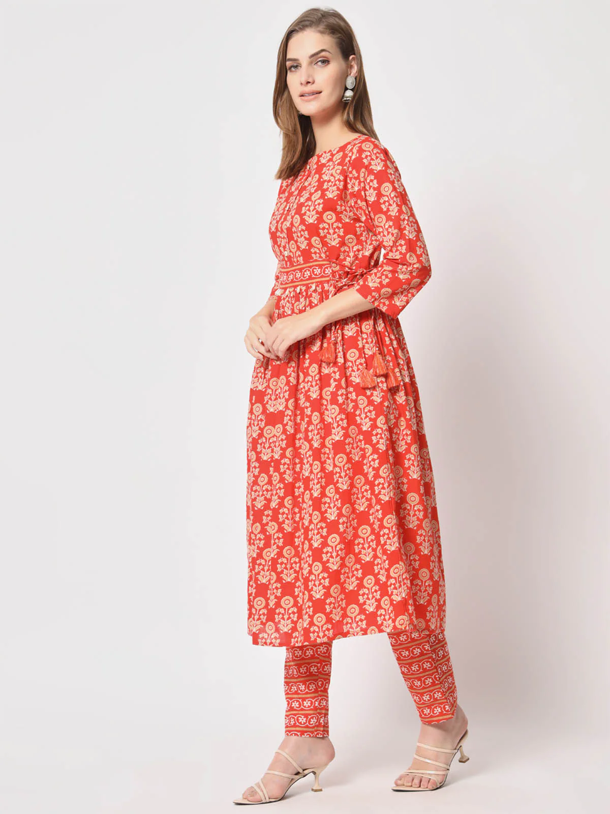 Odette Women Attractive Orange Cotton Printed Stitched Kurta Set - Image 3