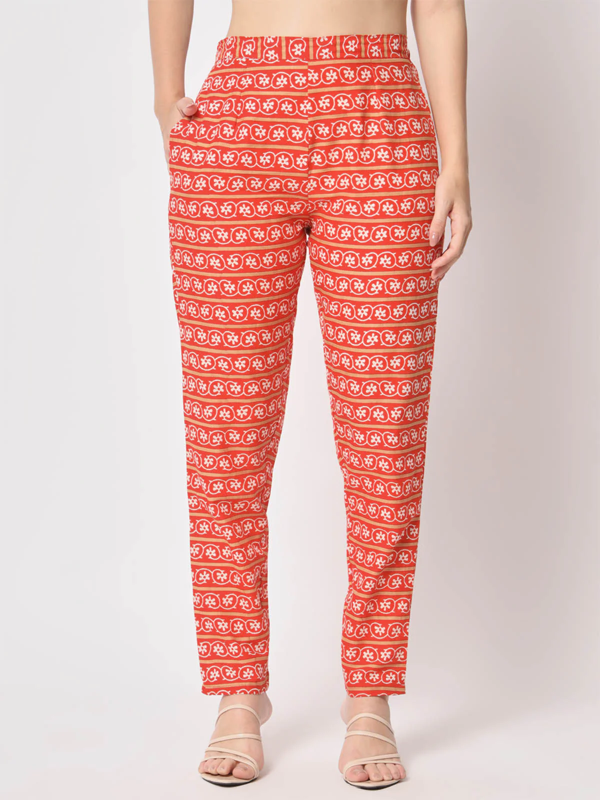 Odette Women Attractive Orange Cotton Printed Stitched Kurta Set - Image 7