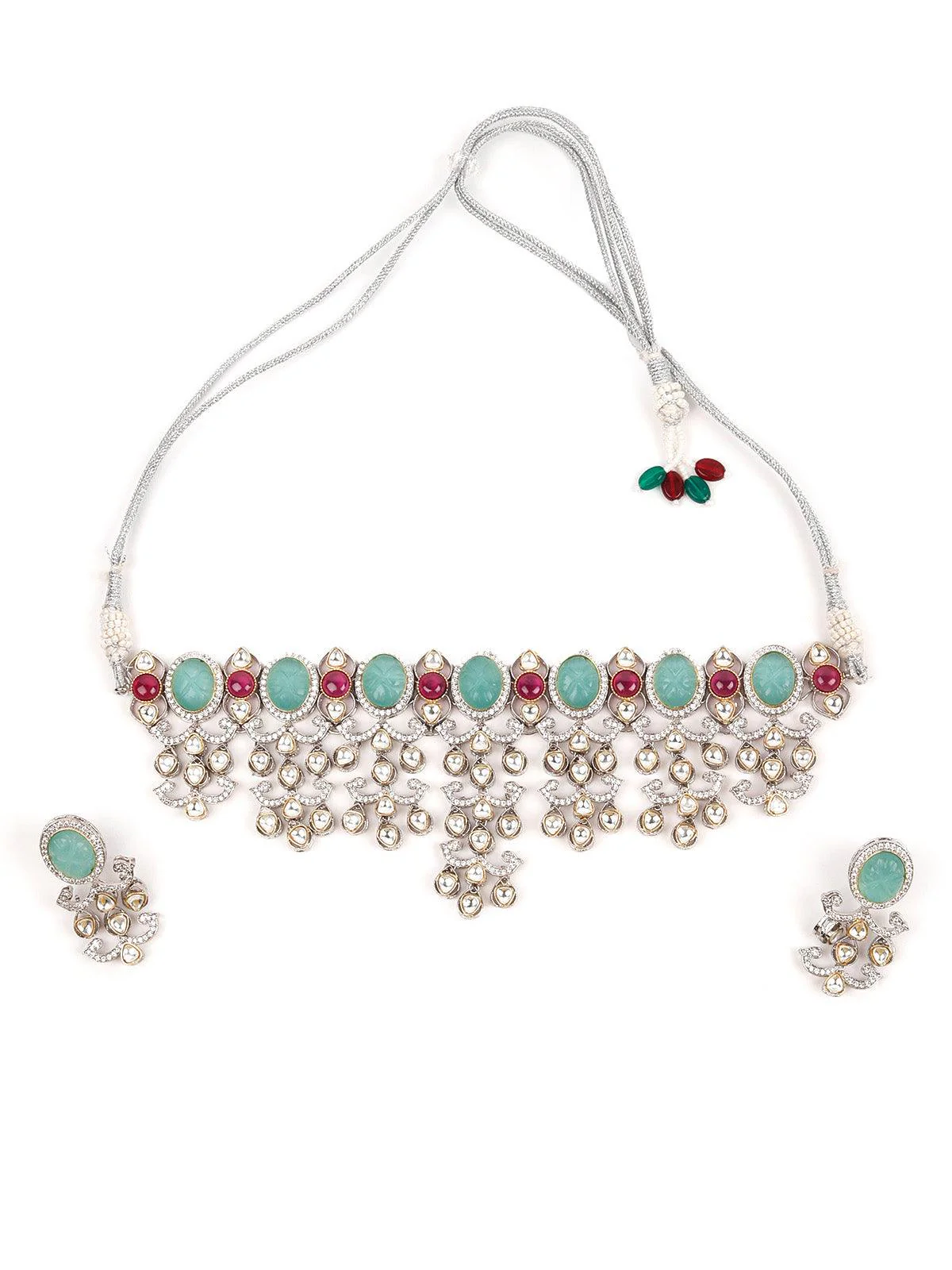 Odette Women Attractive Sea Green And Pink Choker Necklace Set - Image 3