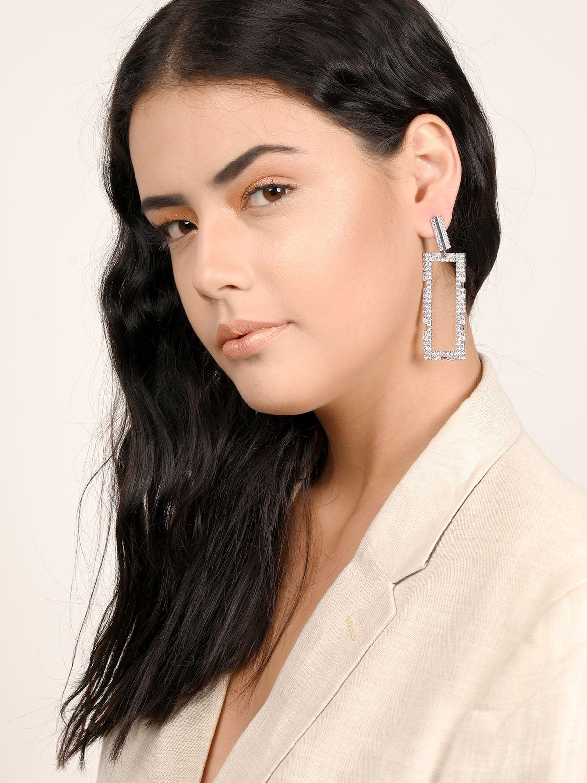 Odette Women Avyayas Rectangular White Rhinestone Earrings - Image 2