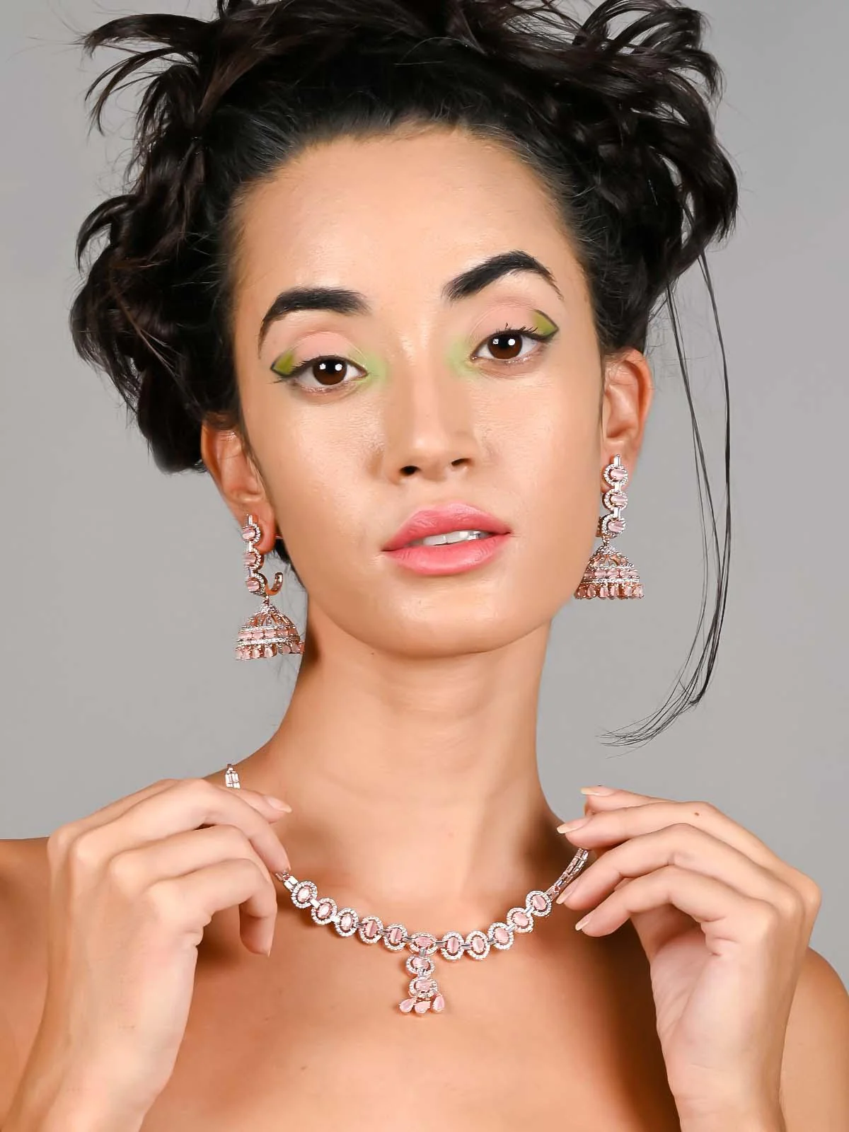 Odette Women Baby Pink Elegant And Royal Statement Necklace Set - Image 2
