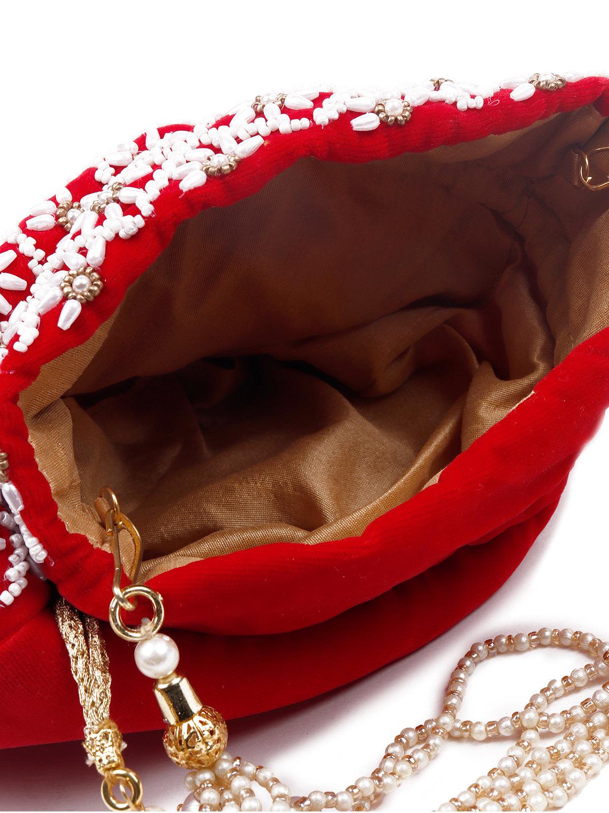 Odette Women Beautiful red pearl potli - Image 4