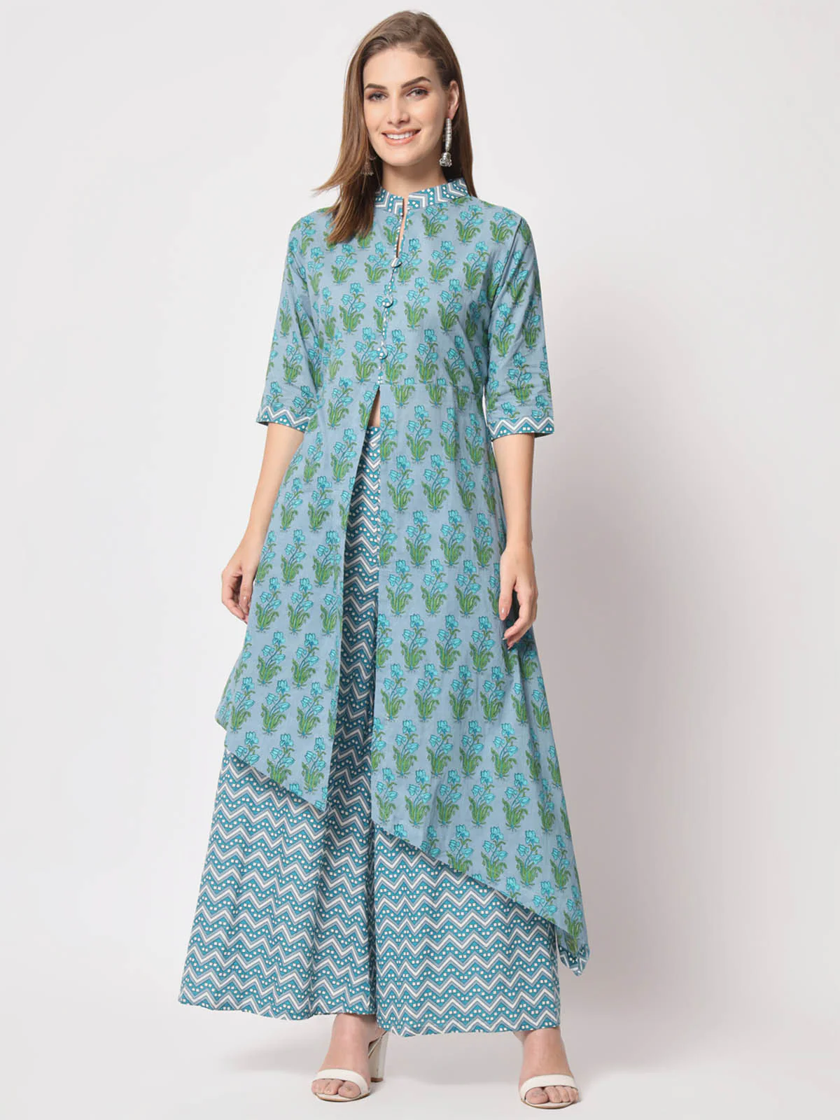 Odette Women Beautiful Blue Cotton Printed Stitched Kurta Set - Image 2