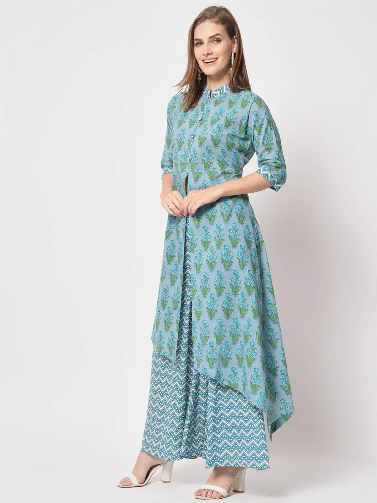 Odette Women Beautiful Blue Cotton Printed Stitched Kurta Set - Image 3