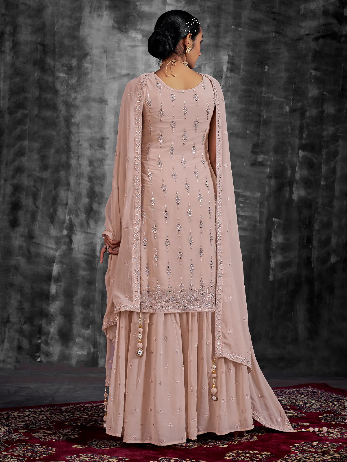 Odette Women Beautiful Embroidered Peach Georgette Stitched Kurta Set - Image 4