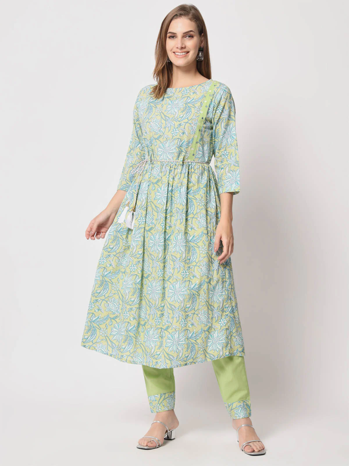 Odette Women Beautiful Green Cotton Printed Stitched Kurta Set - Image 2