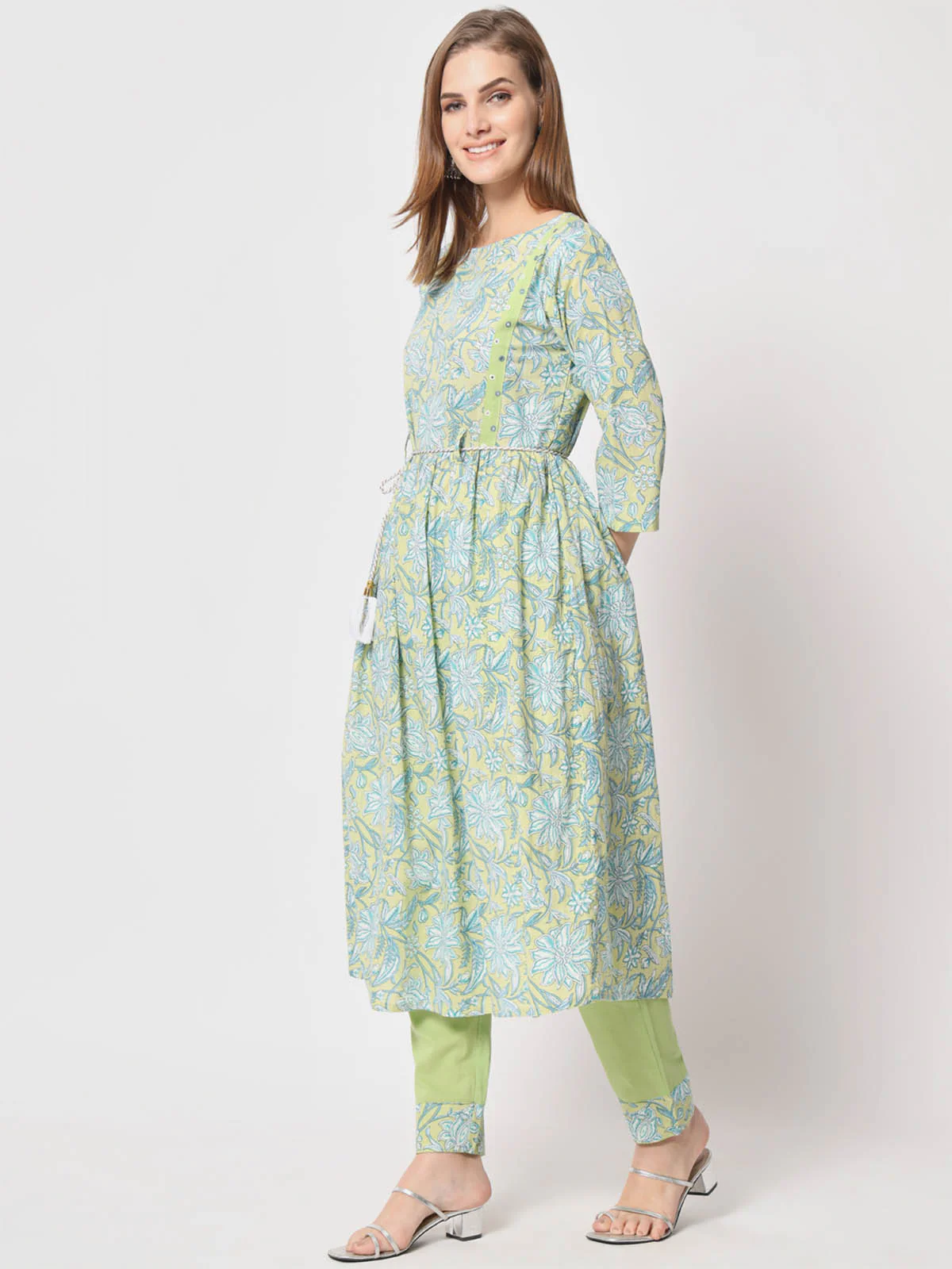 Odette Women Beautiful Green Cotton Printed Stitched Kurta Set - Image 3