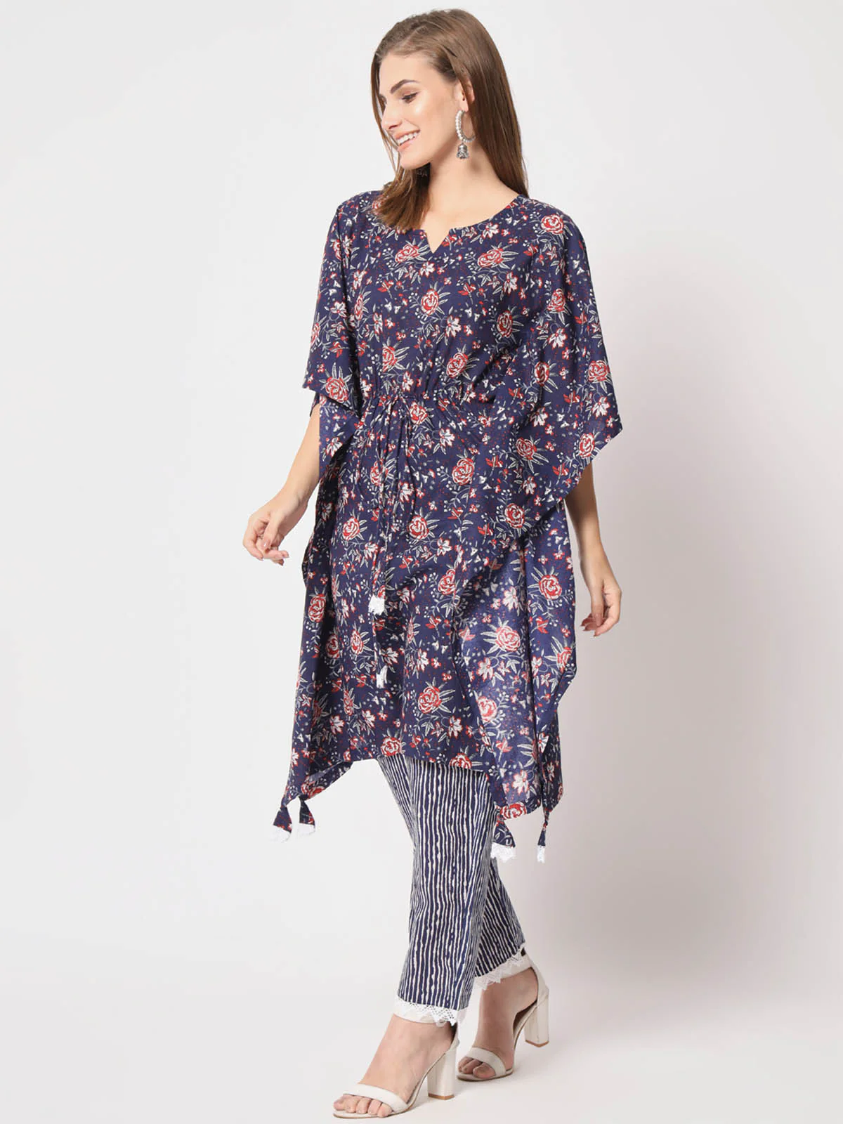 Odette Women Beautiful Dark Blue Cotton Printed Stitched Kurta Set - Image 2