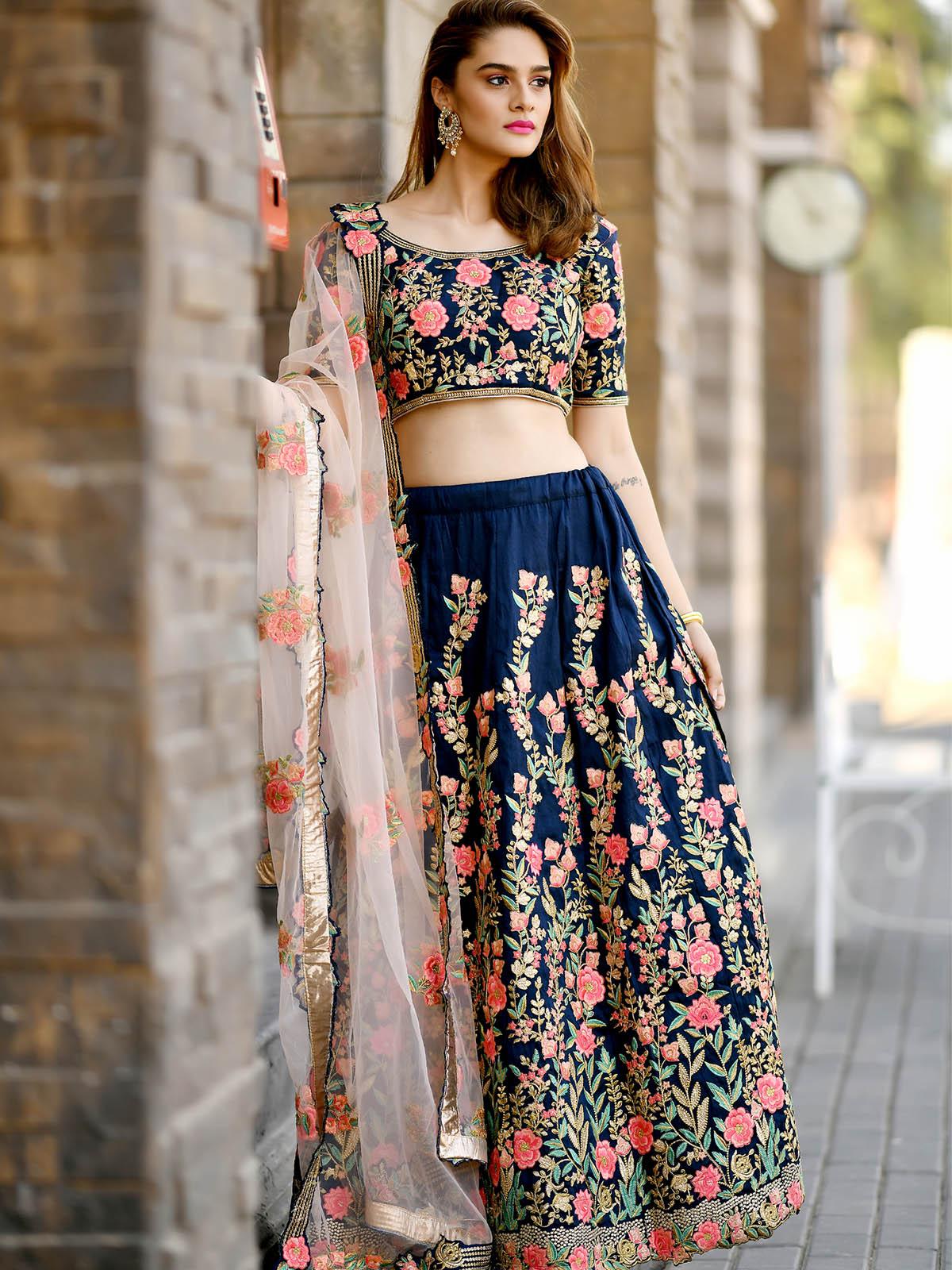 Odette Women Beautiful Navy Blue Silk Semi Stitched Lehenga With  Unstitched Blouse - Image 2