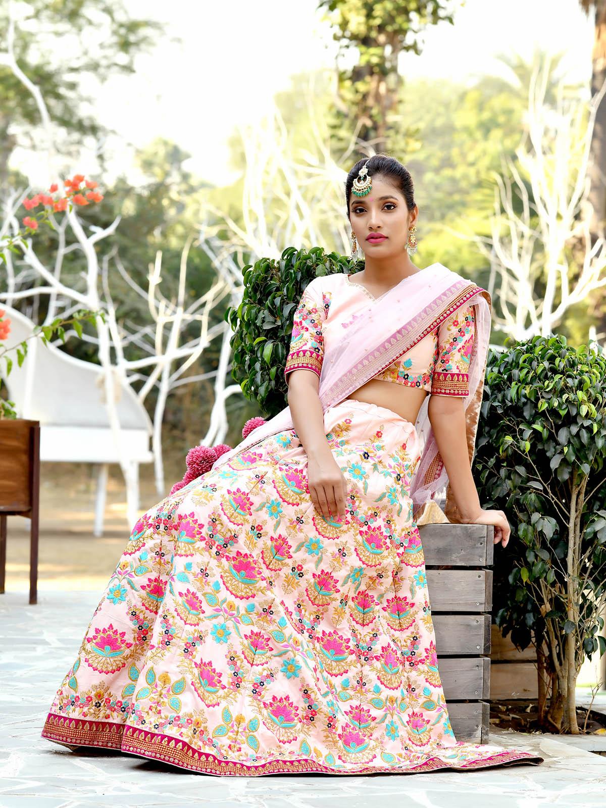 Odette Women Beautiful Peach Silk Semi Stitched Lehenga With  Unstitched Blouse - Image 3