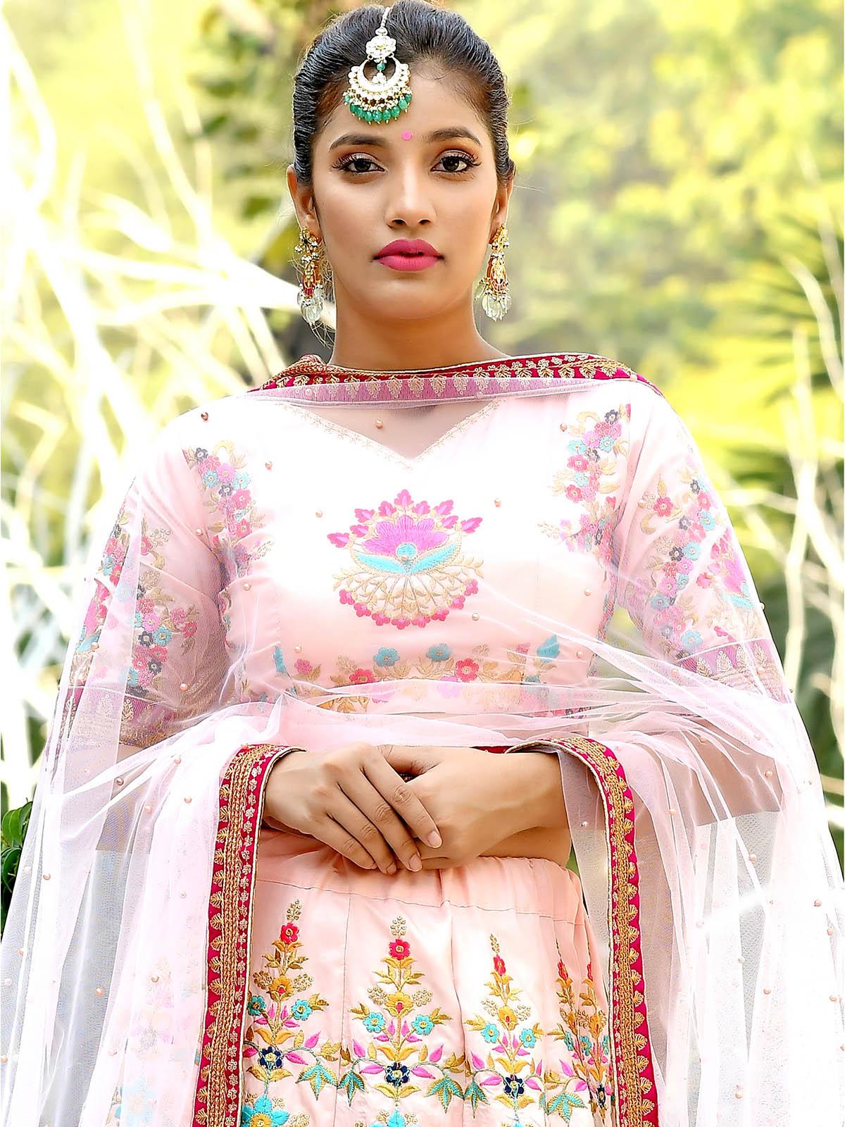 Odette Women Beautiful Peach Silk Semi Stitched Lehenga With  Unstitched Blouse - Image 4