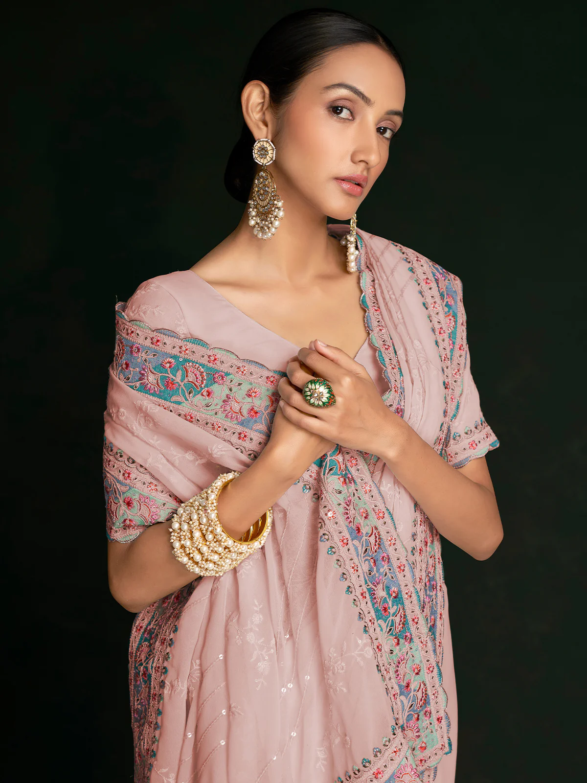 Odette Women Beautiful Pink Georgette Embroidered Saree With Unstitched Blouse - Image 2