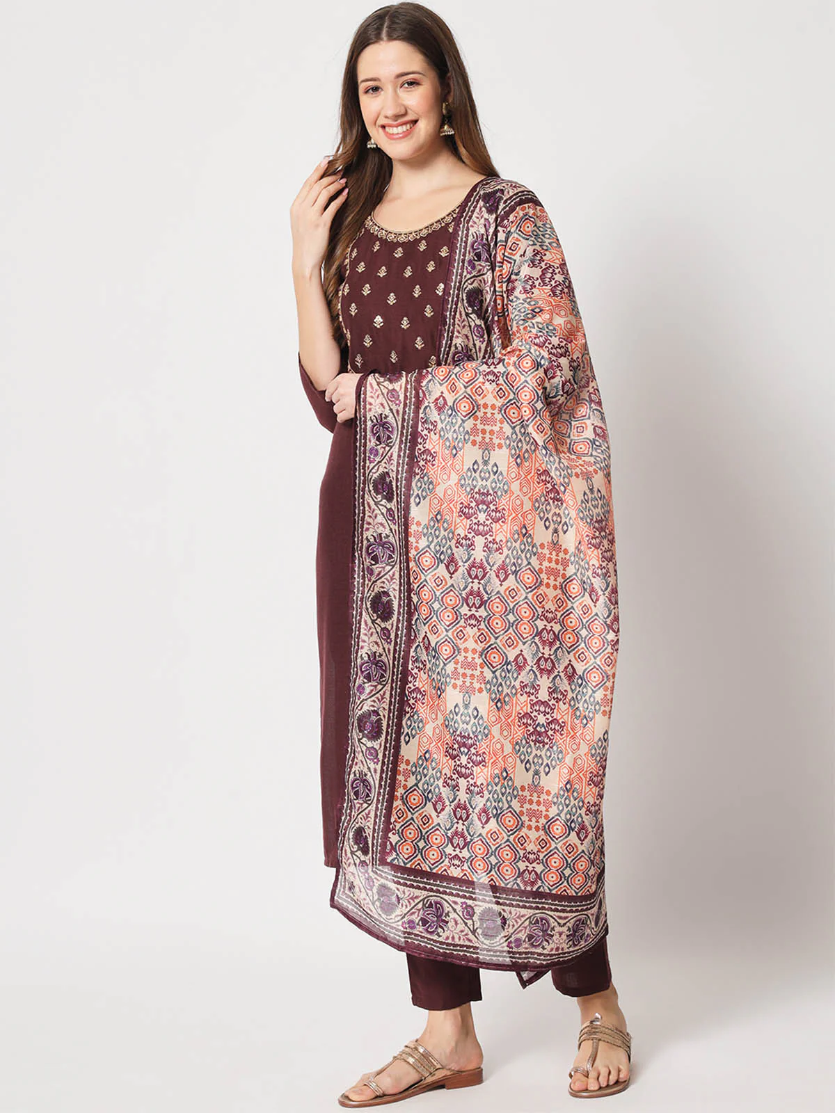 Odette Women Beautiful Violet Cotton Embroidered Stitched Kurta Set - Image 3