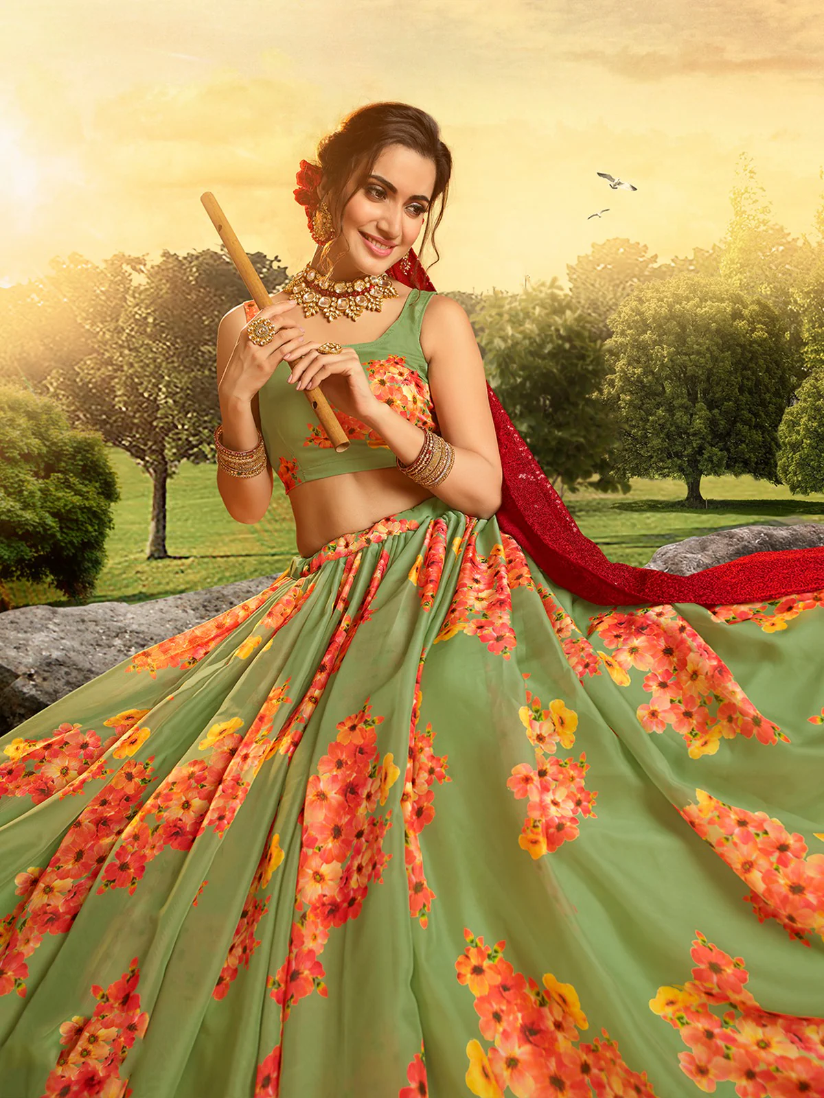 Odette Women Beautiful Green Semi Stitched Lehenga With Unstitched Blouse - Image 4