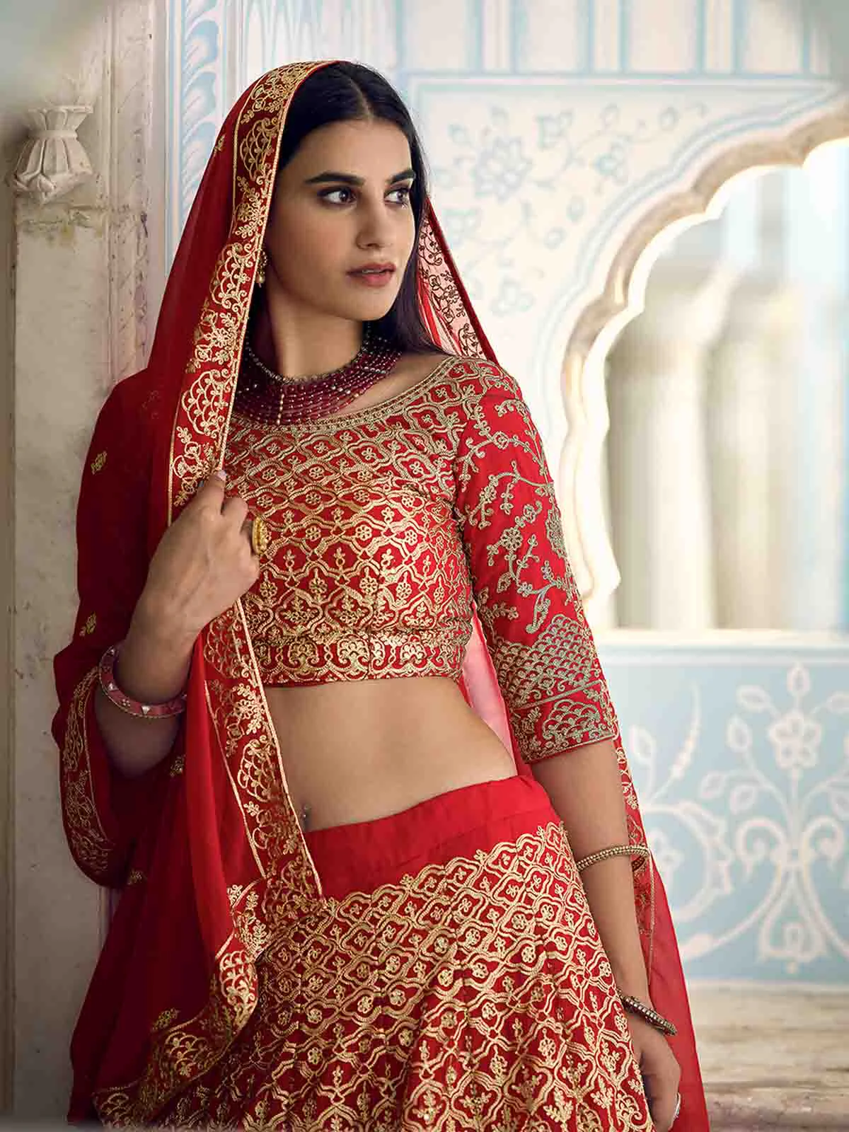 Odette Women Beautiful Red Semi Stitched Lehenga With Unstitched Blouse - Image 3
