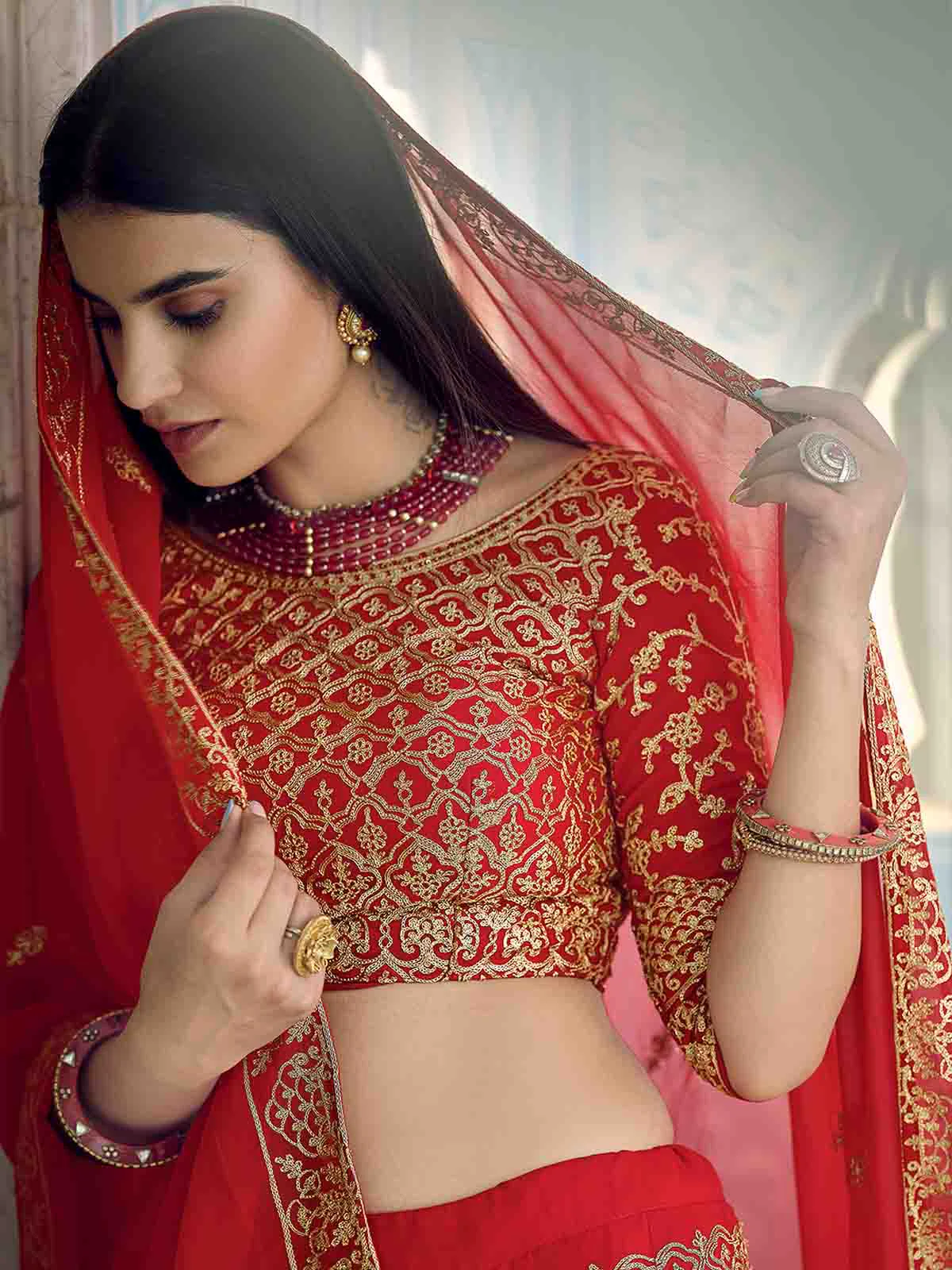 Odette Women Beautiful Red Semi Stitched Lehenga With Unstitched Blouse - Image 4