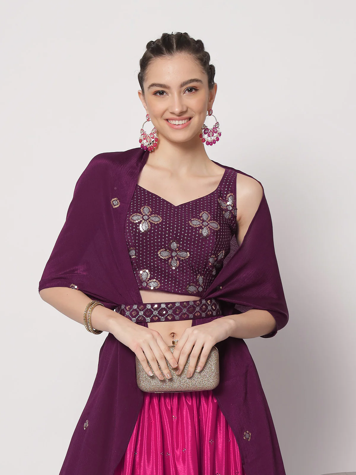 Odette Women Beautiful Violet Chinon Silk Embellished Semi Stitched Lehenga With Unstitched Blouse - Image 2