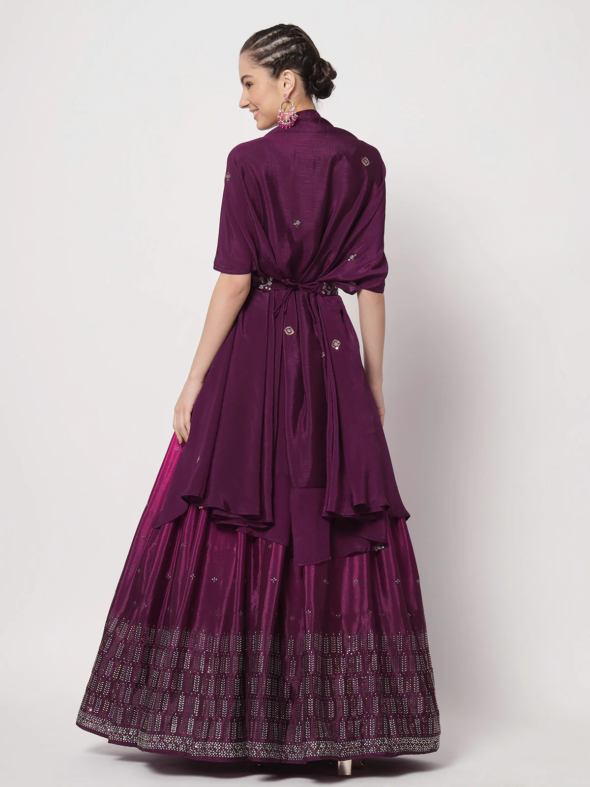 Odette Women Beautiful Violet Chinon Silk Embellished Semi Stitched Lehenga With Unstitched Blouse - Image 4