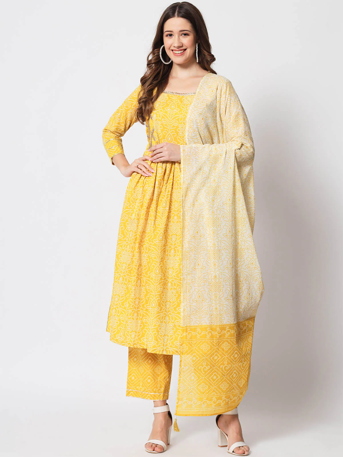 Odette Women Beautiful Yellow Cotton Printed Stitched Kurta Set - Image 2