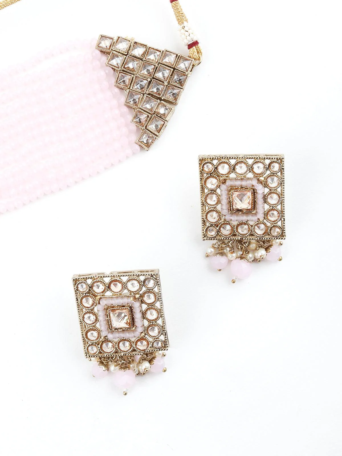 Odette Women Bedazzling Baby Pink Choker Necklace Set - Image 5