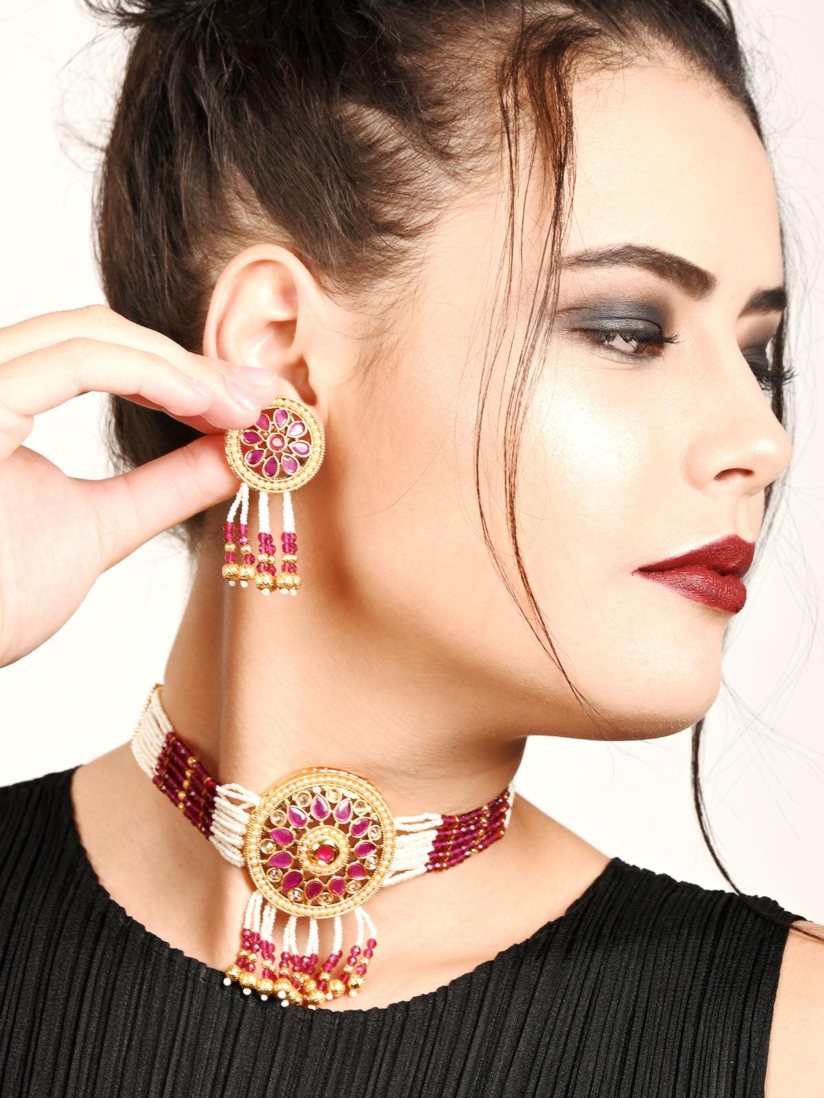 Odette Women Ravishing White And Maroon Choker Necklace Set - Image 2