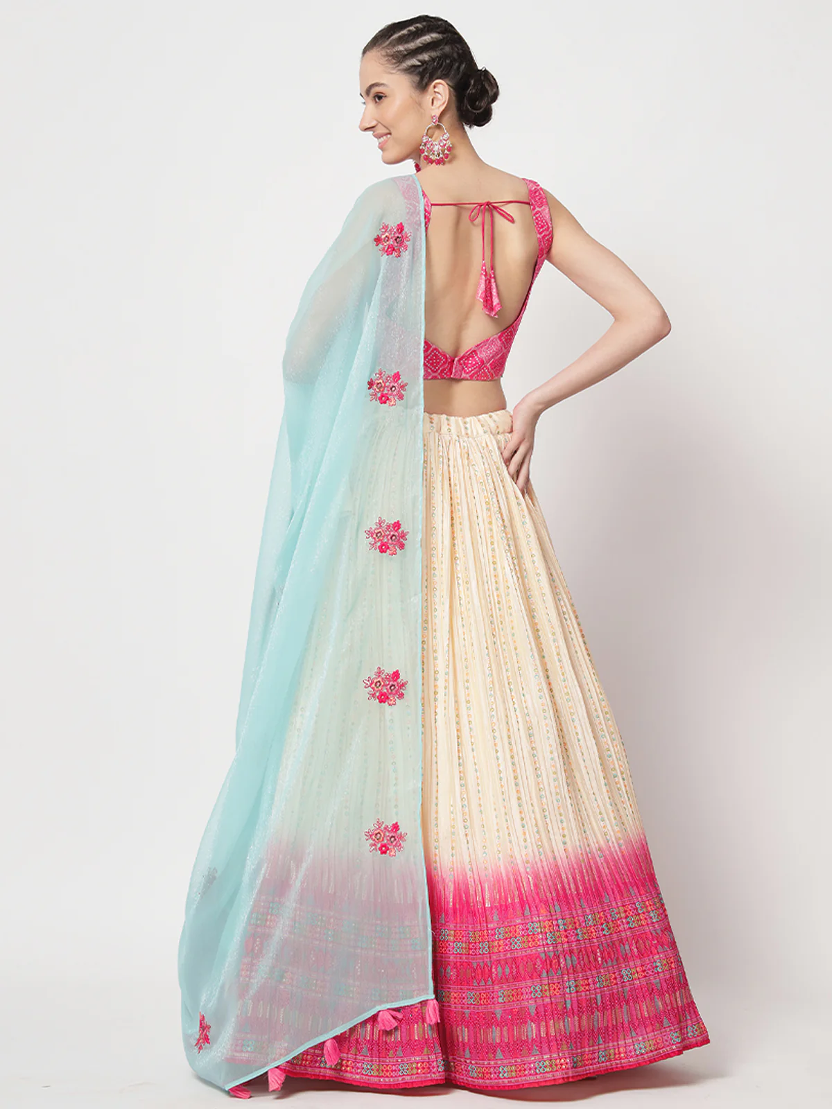 Odette Women Beige Chinnon Silk Crush With Foil Work Semi Stitched Lehenga Choli - Image 3
