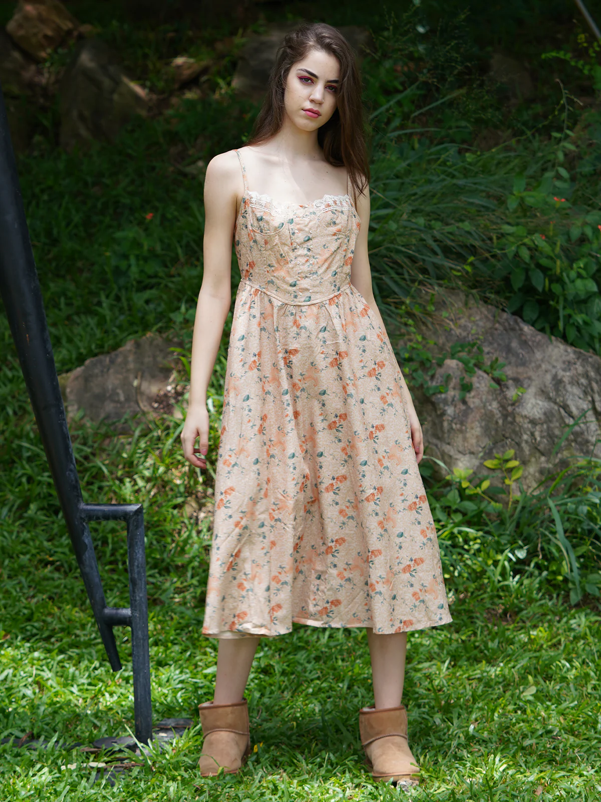 Odette Women Beige Corduory Printed Long Stitched Dress - Image 2