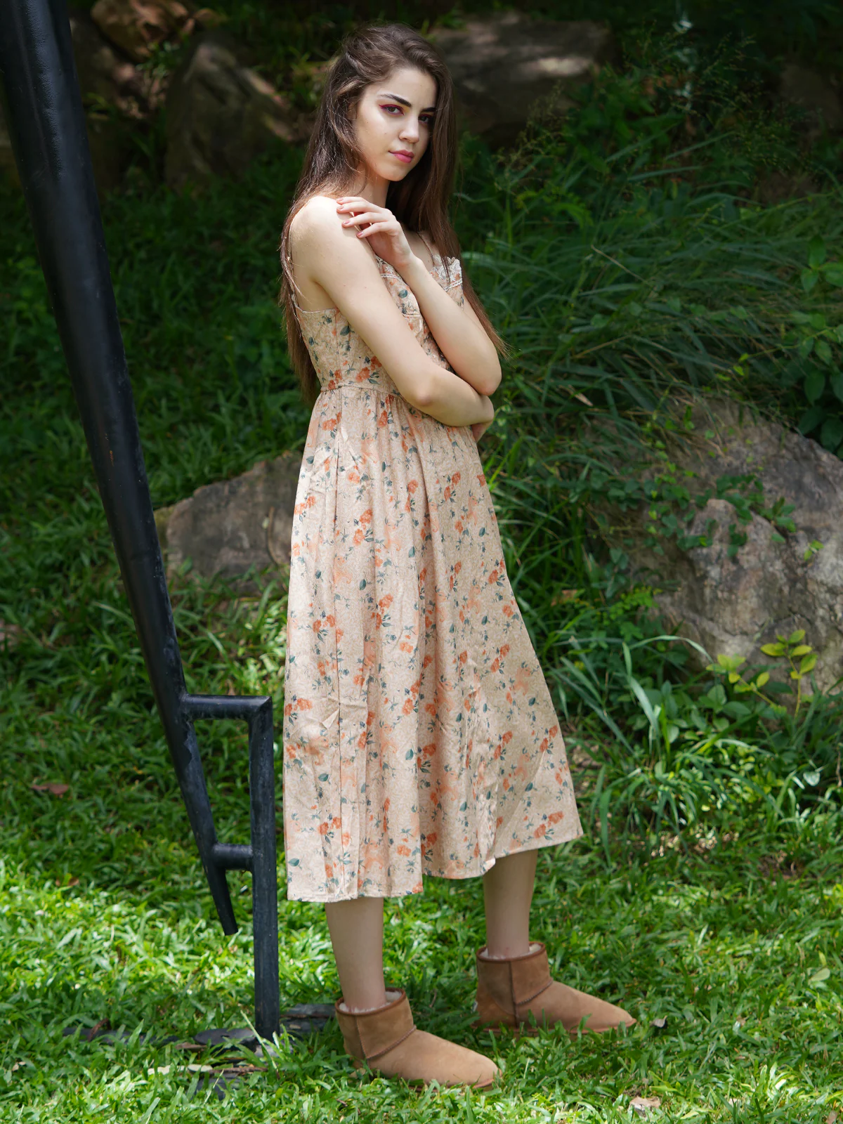 Odette Women Beige Corduory Printed Long Stitched Dress - Image 3