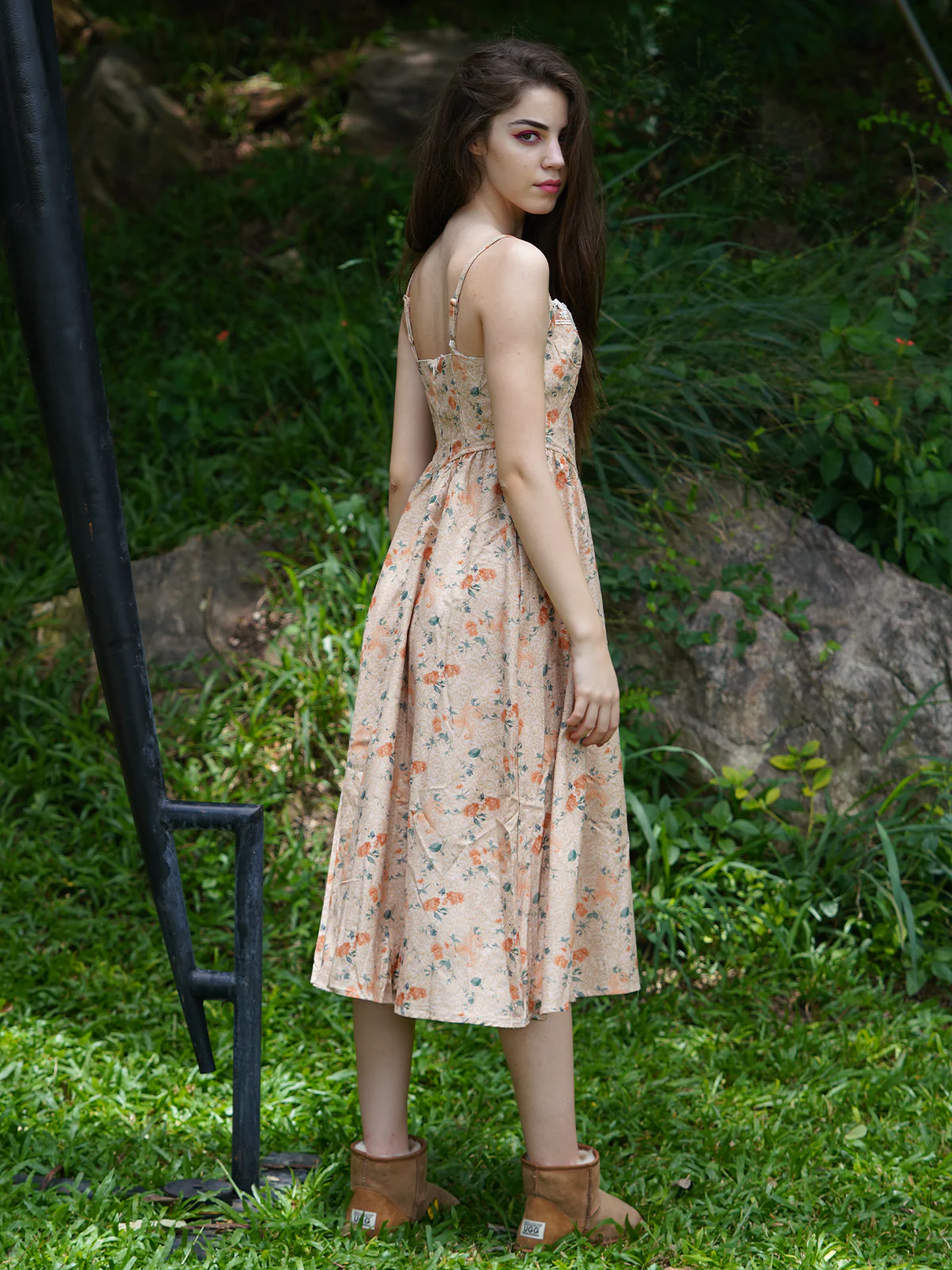 Odette Women Beige Corduory Printed Long Stitched Dress - Image 4