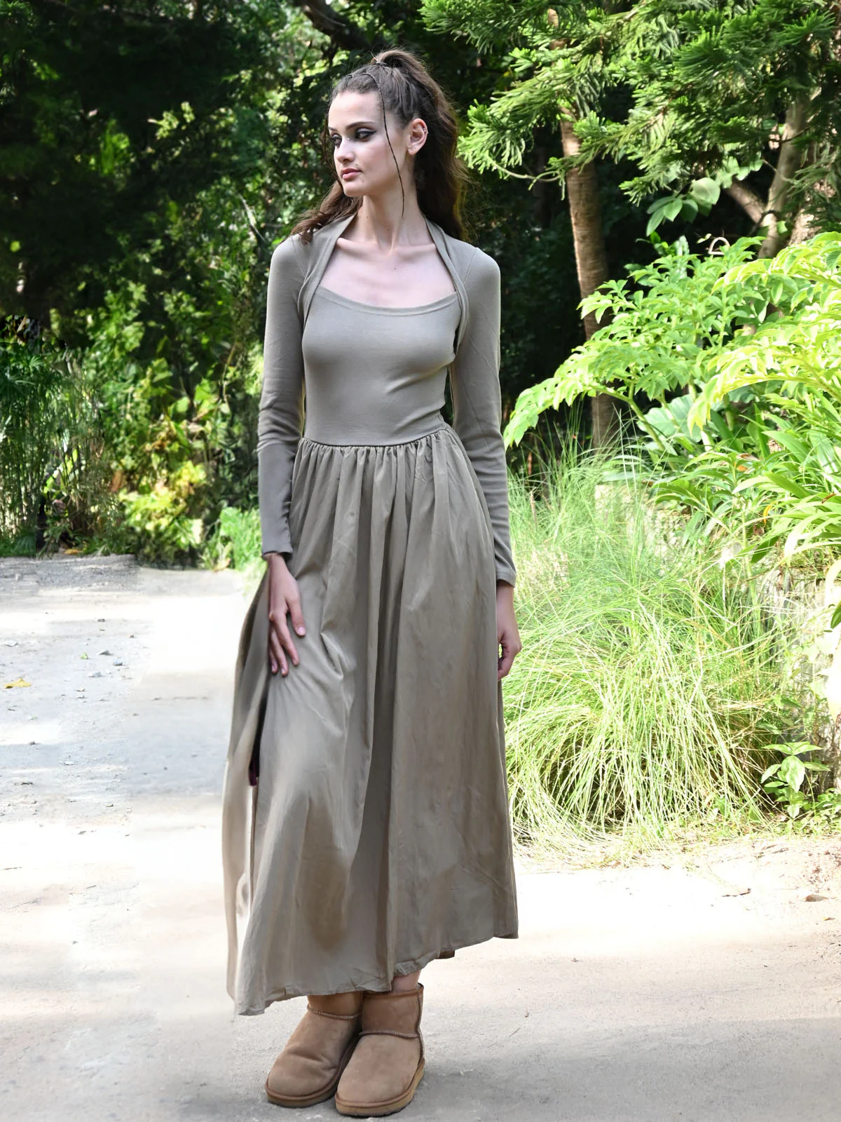 Odette Women Beige Cotton Rib And Polyester Overlap Neck Dress - Image 2