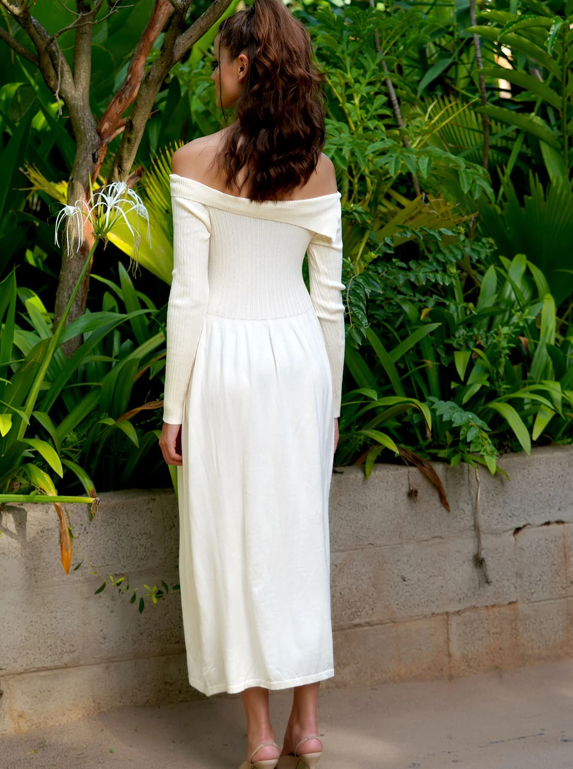 Odette Women Beige Ribbed Cotton Long Stitched Dress - Image 4