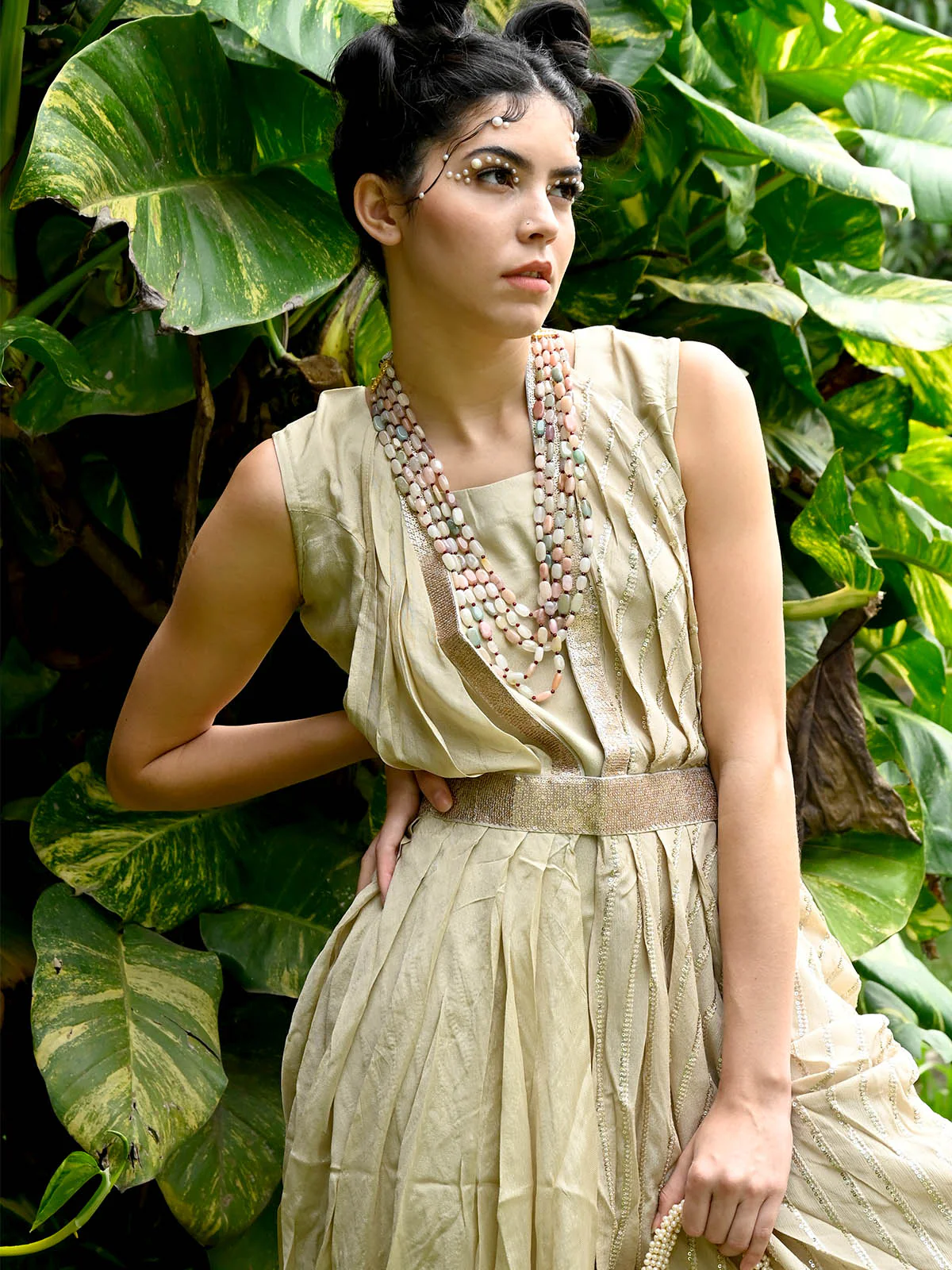 Odette Women Beige Crepe Indo-Western Dress - Image 2