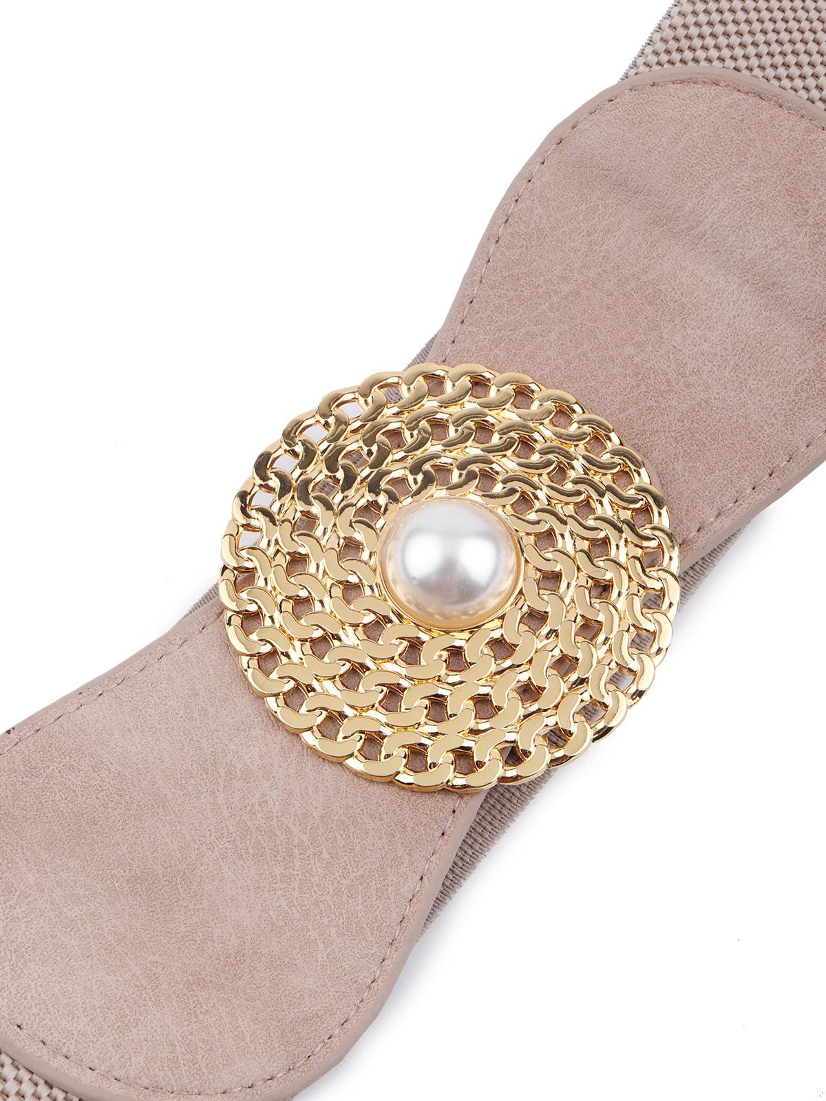 Odette Women Beige Elastic Embellished Belt - Image 5