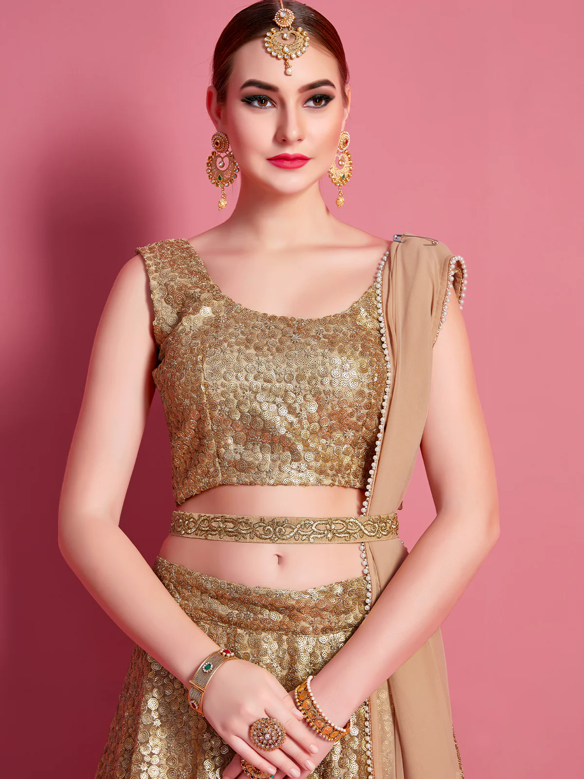 Odette Women Golden Soft Net Semi Stitched Lehenga With Unstitched Blouse - Image 4