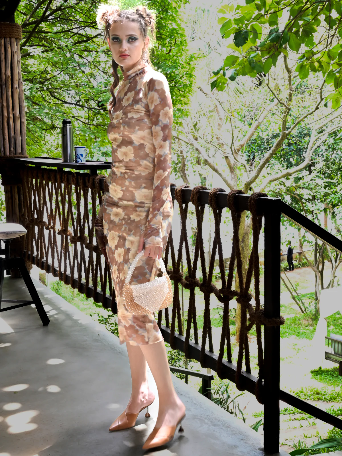 Odette Women Beige Floral Printed Net Lycra Bodycon Dress - Image 3